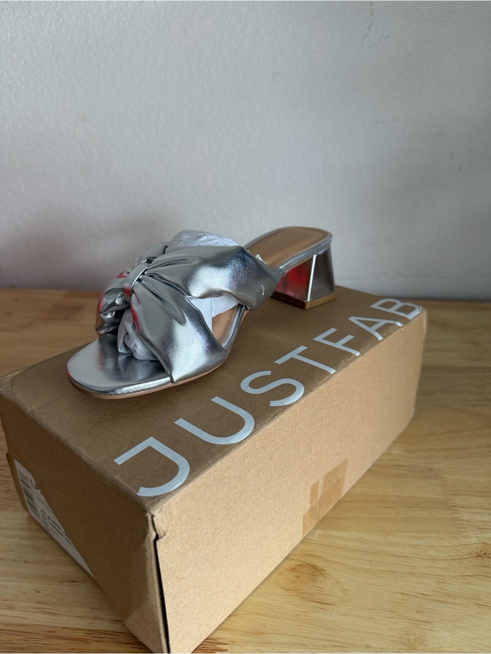 JustFab Metallic Silver Knotted Block Heel Slides